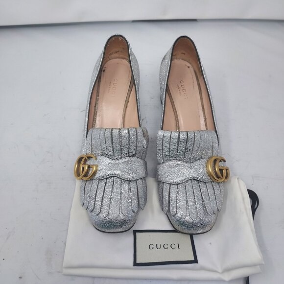Gucci Marmont Silver Metallic GG Heel Loafer Pump - Picture 6 of 13